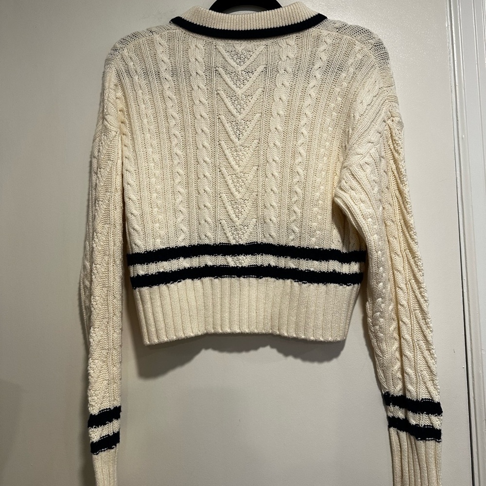 NWT Pink Rose Preppy Cream & Navy  Cable Knit Collared Cardigan. Ribbed Hem. S - Picture 13 of 16